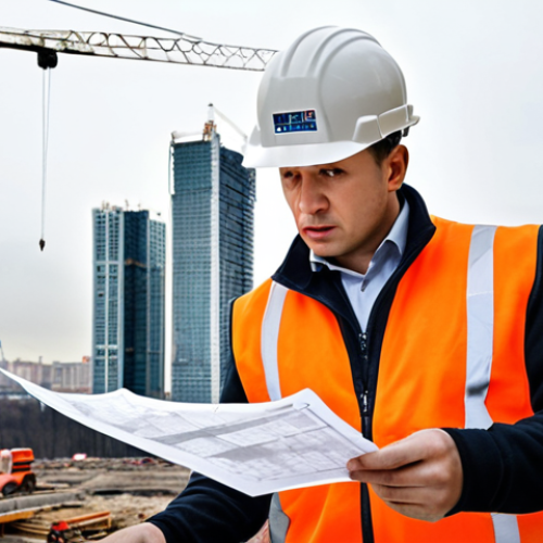 **

A bustling construction site in Moscow, Russia. An electrical engineer, wearing a hard hat and safety vest, reviews blueprints with a serious expression. High-rise buildings are under construction in the background, with cranes visible in the skyline. Emphasize the modern infrastructure and fast-paced environment. The lighting should be slightly overcast, typical of a city day.

**
