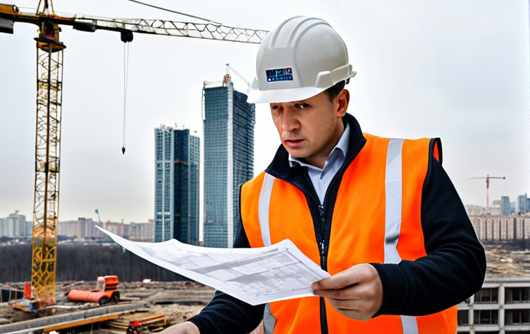 **
A bustling construction site in Moscow, Russia. An electrical engineer, wearing a hard hat and safety vest, reviews blueprints with a serious expression. High-rise buildings are under construction in the background, with cranes visible in the skyline. Emphasize the modern infrastructure and fast-paced environment. The lighting should be slightly overcast, typical of a city day.
**