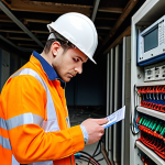 **Image Prompt:** An electrical engineer in a construction site, reviewing blueprints and overseeing the installation of electrical systems. Focus on safety compliance, wearing a hard hat, and using a multimeter to check wiring. The scene should emphasize responsibility and adherence to regulations like the "Правила устройства электроустановок" (ПУЭ).