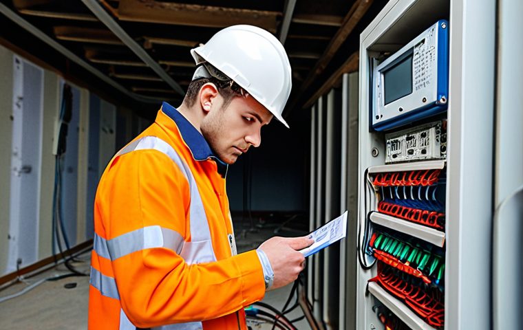 **Image Prompt:** An electrical engineer in a construction site, reviewing blueprints and overseeing the installation of electrical systems. Focus on safety compliance, wearing a hard hat, and using a multimeter to check wiring. The scene should emphasize responsibility and adherence to regulations like the "Правила устройства электроустановок" (ПУЭ).