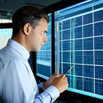 A professional male electrical engineer, wearing a modest business suit, intently reviewing complex schematics and data on multiple large monitors in a modern energy control center. The background features a vast, glowing representation of an electrical grid map, symbolizing large-scale energy systems. He holds a pen, poised to make notes, conveying deep analytical thought and strategic planning. fully clothed, modest clothing, appropriate attire, professional dress, safe for work, appropriate content, family-friendly, perfect anatomy, correct proportions, natural pose, well-formed hands, proper finger count, natural body proportions, professional photography, high-quality, ultra-detailed.