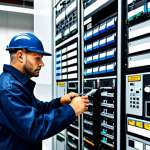 **

"A professional electrician, fully clothed in work attire, inspecting a distribution panel in a modern industrial setting, appropriate content, safe for work, perfect anatomy, correct proportions, well-formed hands, proper finger count, professional."

**