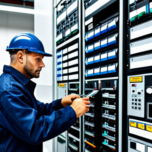 **

"A professional electrician, fully clothed in work attire, inspecting a distribution panel in a modern industrial setting, appropriate content, safe for work, perfect anatomy, correct proportions, well-formed hands, proper finger count, professional."

**
