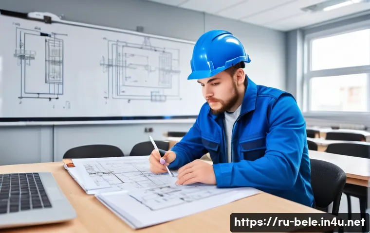 건축전기설비기사 실기 시험 난이도 평가 - A detailed and realistic scene of a young Russian electrician trainee in a modern training room, att...