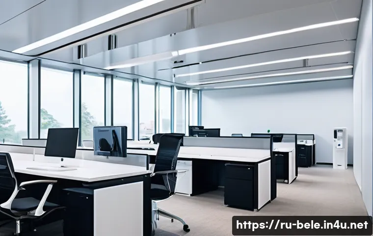 건축전기설비기사와 관련된 최신 뉴스 - A modern office building interior showcasing an intelligent energy management system in action: slee...