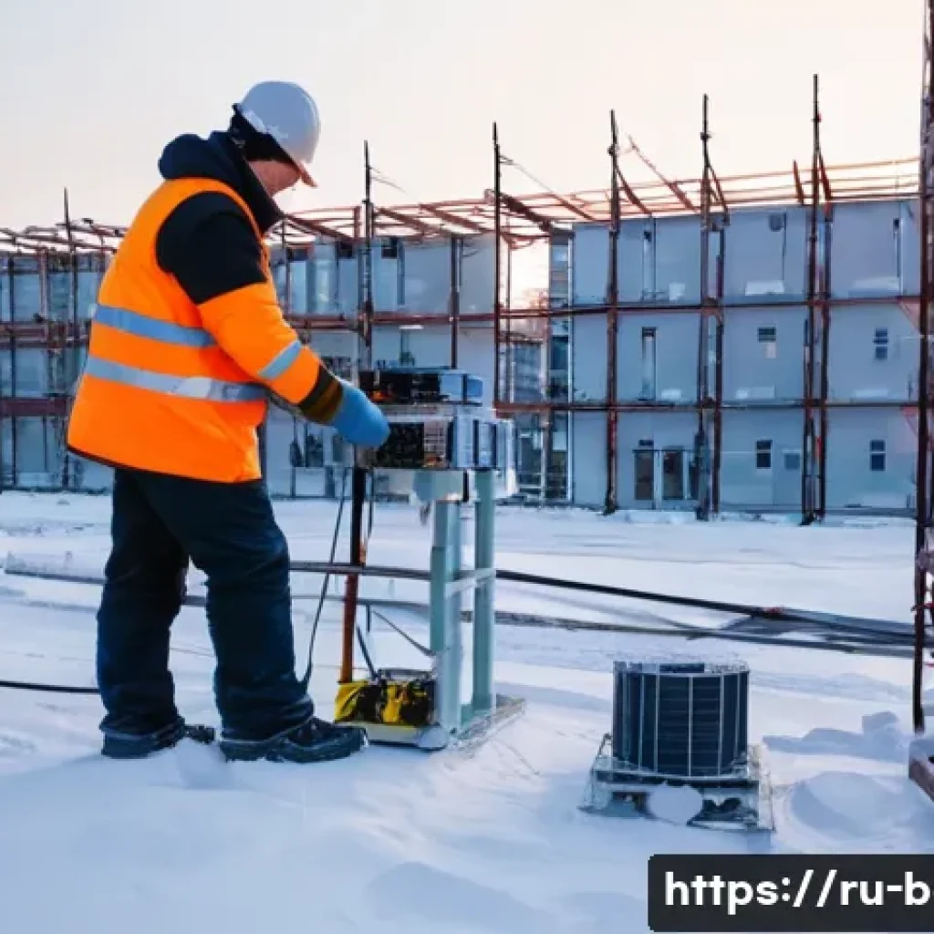 건축전기설비기사 실무에서 흔히 겪는 문제 - A detailed construction site scene in Russia during winter, showing workers installing electrical eq...