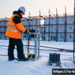 Home 22 건축전기설비기사 실무에서 흔히 겪는 문제 - A detailed construction site scene in Russia during winter, showing workers installing electrical eq...