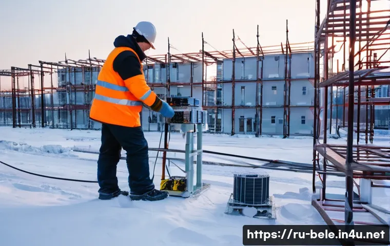 건축전기설비기사 실무에서 흔히 겪는 문제 - A detailed construction site scene in Russia during winter, showing workers installing electrical eq...