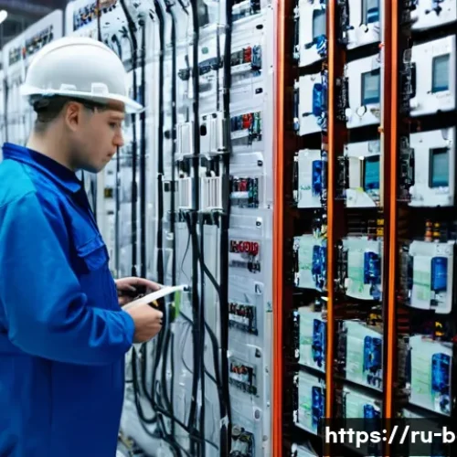 Home 33 건축전기설비기사와 관련된 법규 정리 - A detailed scene of a professional electrical engineer inspecting complex industrial electrical pane...