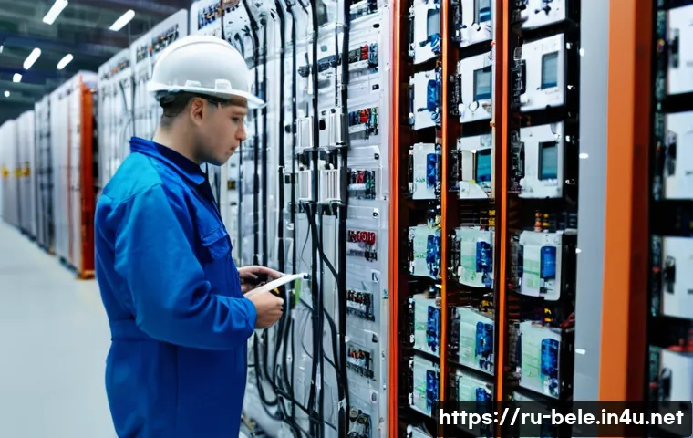건축전기설비기사와 관련된 법규 정리 - A detailed scene of a professional electrical engineer inspecting complex industrial electrical pane...